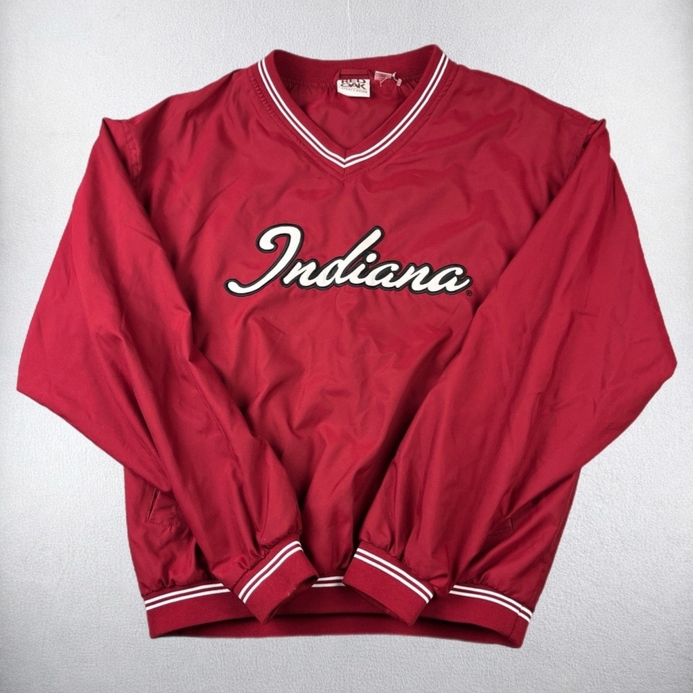 VTG Indiana Hoosiers Windbreaker Mens Medium Red Red Oak V-Neck Pullover Jacket